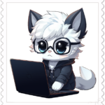 Postage stamp with cartoon of cute cat working on laptop.